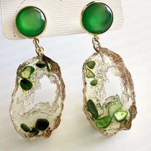 Geode-Style Drop Earrings Green Gold Tone Resin